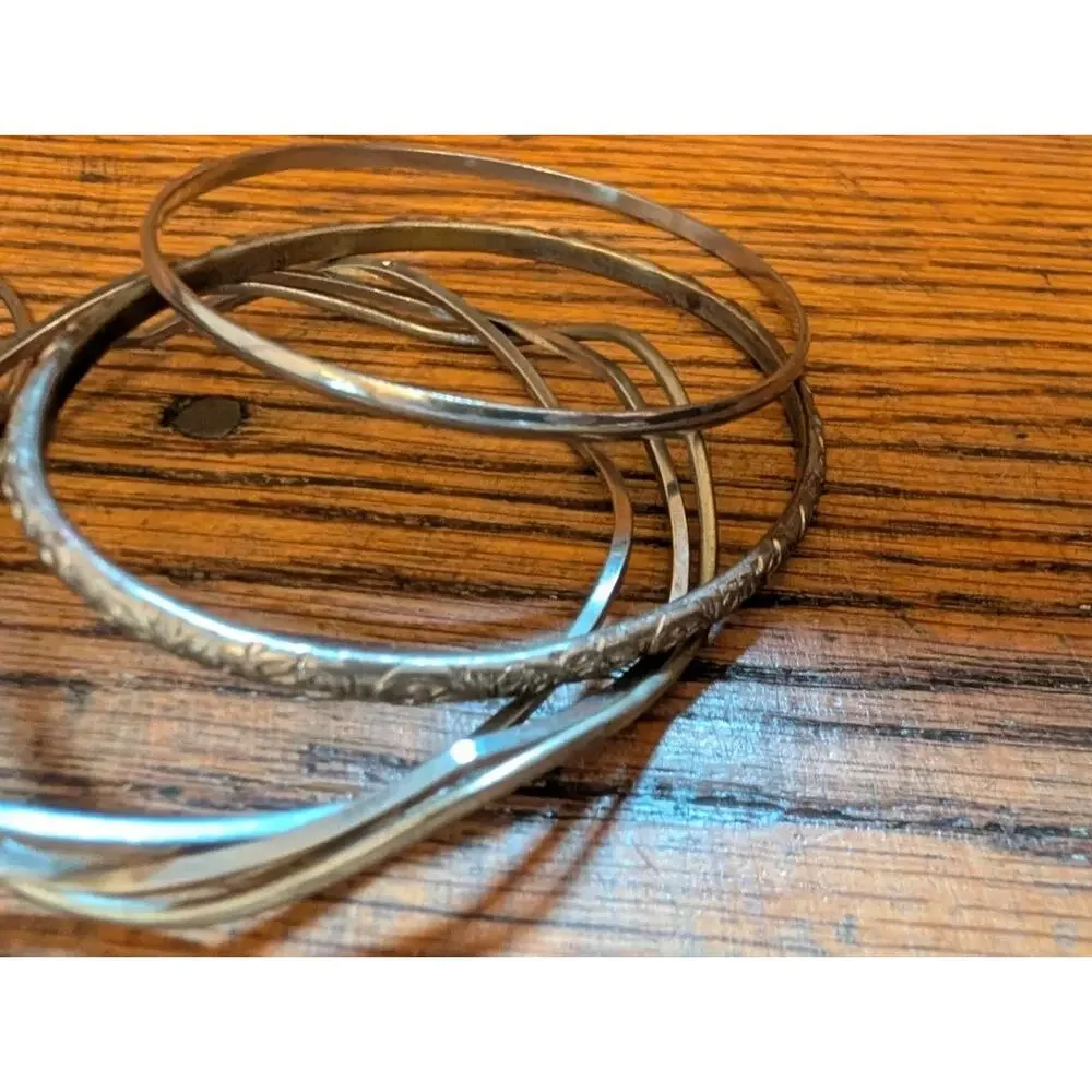 Vintage Stack Of Silver Bangels Bracelets